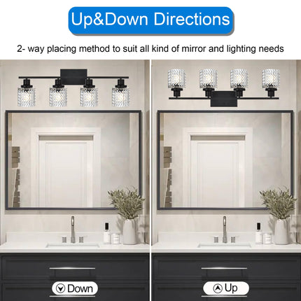 MELUCEE Matte Black Vanity Light 4 Lights Modern Bathroom Light Fixtures with Hammered Glass Shade, Indoor Metal Wall Lights for Powder Room Hallway Kitchen, E26 Base