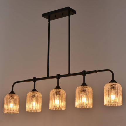 MELUCEE Kitchen Island Lighting Pendant Lights with Crackled Glass Shade, 5-Light Black Dining Room Lights Over Table Pool Table Light Hanging Linear Chandelier for Dining Room Kitchen Island