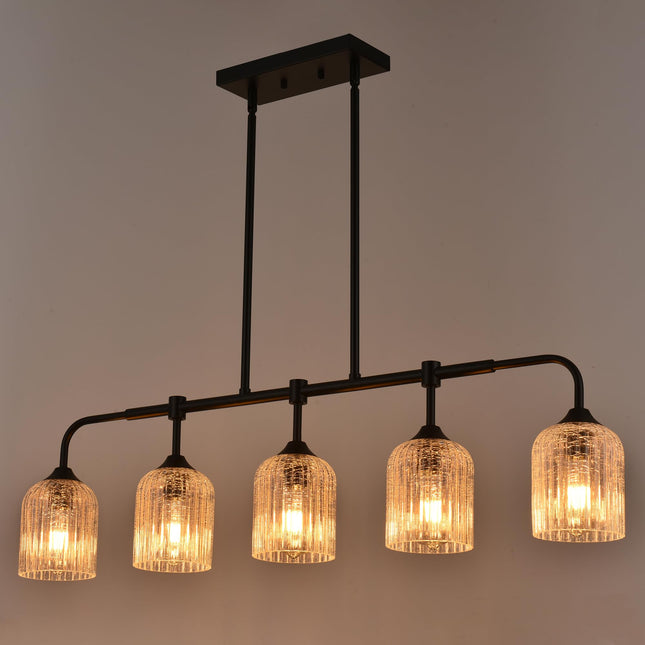 MELUCEE Kitchen Island Lighting Pendant Lights with Crackled Glass Shade, 5-Light Black Dining Room Lights Over Table Pool Table Light Hanging Linear Chandelier for Dining Room Kitchen Island