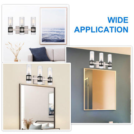 MELUCEE 3-Light Bathroom Light Fixtures Brushed Nickel with Ribbed Clear Glass Shade for Kitchen Bedroom Hallway, E12 Base