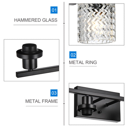 MELUCEE 6 Lights Bathroom Lighting Fixtures Over Mirror Black with Hammered Glass Shade, Vanity Light Indoor Wall Mounted Lamp for Bathroom Bedroom Kitchen