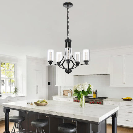 MELUCEE 5 Lights LED Modern Chandeliers for Dining Room Traditional Kitchen Chandelier Bubble Crystal Black Led Pendant Light with Clear Glass Shade, Built-in LED Chips, 5CCT Adjustable