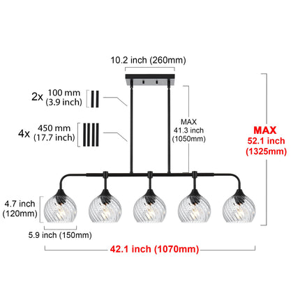 MELUCEE 5-Light Kitchen Island Lighting Linear Chandelier with Clear Striped Swirl Glass Shade, Large Black Pendant Lighting for Dining Room Over Table, Modern Light Fixtures Ceiling Hanging, E26 Base