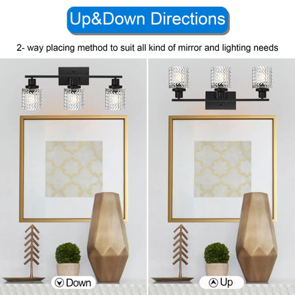 MELUCEE 3 Lights Modern Bathroom Light Fixtures Black Vanity Lights Indoor Wall Mounted Light with Hammered Glass Shade Suitable for Bathroom Living Room Hallway