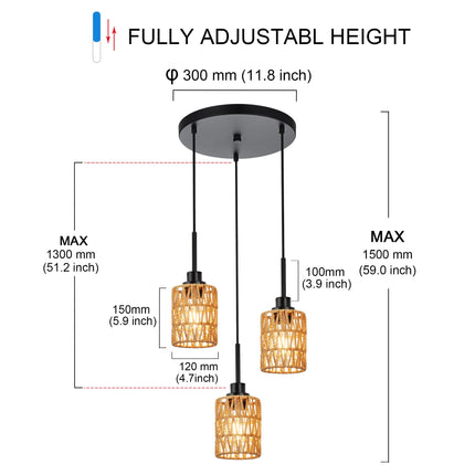 MELUCEE 3-Light Kitchen Pendant Lighting Rattan Light Fixture Ceiling Hanging with Hand Woven Rattan Lamp Shade, Farmhouse Cluster Pendant Light for Dining Room Foyer Entryway