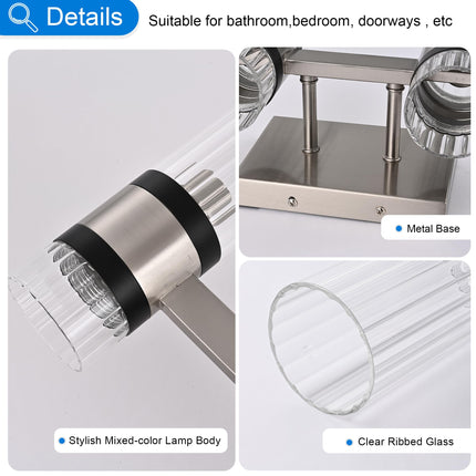 MELUCEE 3-Light Bathroom Light Fixtures Brushed Nickel with Ribbed Clear Glass Shade for Kitchen Bedroom Hallway, E12 Base