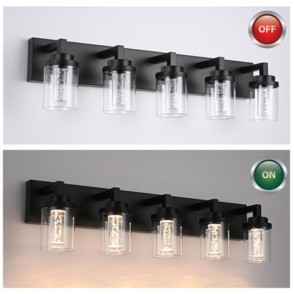 MELUCEE 6-Light Dimmable LED Bathroom Light Fixtures in Black Finish, Modern Bubble Crystal Vanity Lights for Bathroom 5CCT LED Wall Light Fixture with Clear Glass Shade, Built-in Led Chips