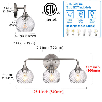 MELUCEE 3 Lights Modern Vanity Lights Over Mirror, Brushed Nickel Bathroom Lighting Fixtures with Clear Striped Swirl Glass Shade, Metal Wall Mount Lamp for Mirror, Bathroom Living Room Workshop