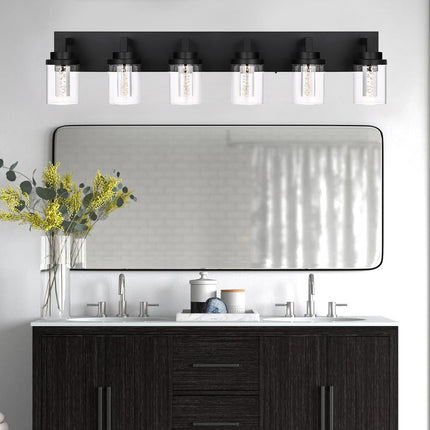 MELUCEE 6-Light Dimmable LED Bathroom Light Fixtures in Black Finish, Modern Bubble Crystal Vanity Lights for Bathroom 5CCT LED Wall Light Fixture with Clear Glass Shade, Built-in Led Chips