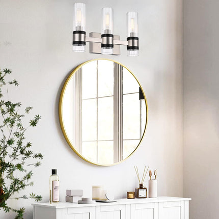 MELUCEE 3-Light Bathroom Light Fixtures Brushed Nickel with Ribbed Clear Glass Shade for Kitchen Bedroom Hallway, E12 Base