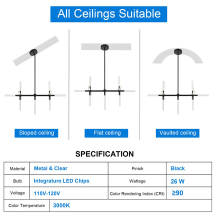MELUCEE 32.8" LED Linear Pendant Light Black 11-Light Bubble Crystal Dimmable LED Chandeliers for Dinning Room 26W 3000K Warm Lighting Island Lights for Kitchen Island Dining Table Bar