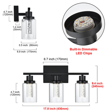 MELUCEE Bathroom Vanity Light Fixtures, 3-Light LED Bathroom Lighting Fixtures Over Mirror, 3000K-6000K Modern Black Vanity Light for Bathroom with Crystal Bubble Glass Shade, Built-in LED Chips