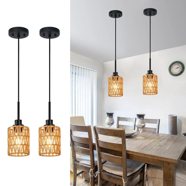 MELUCEE 2 Pack Rattan Hanging Light Fixture Boho Pendant Light Black Adjustable Dining Table Light Fixture with Rattan Lamp Shade, Set of Two Mini Pendant Lighting for Kitchen Island Hallway Stair