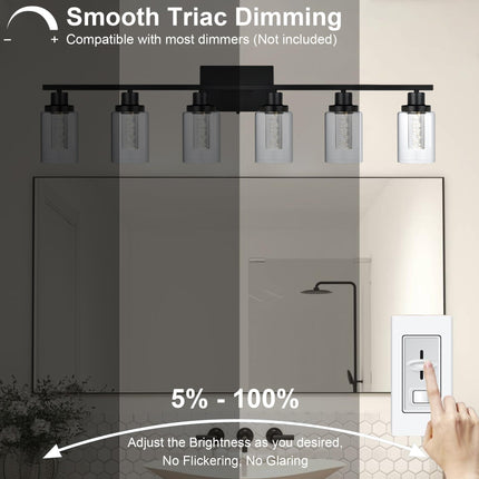 MELUCEE LED Vanity Lights for Bathroom, 6-Light Dimmable LED Bathroom Light Fixtures Black with Crystal Bubble Clear Glass Shade 3000K-6000K LED Wall Light Fixture for Bathroom, Built-in LED Chips