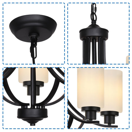 MELUCEE 5 Lights Chandeliers for Dining Room Traditional Chandelier Classic Black Pendant Light with Milky White Glass Shade, Mid Century Modern Chandelier for Kitchen Foyer Bedroom