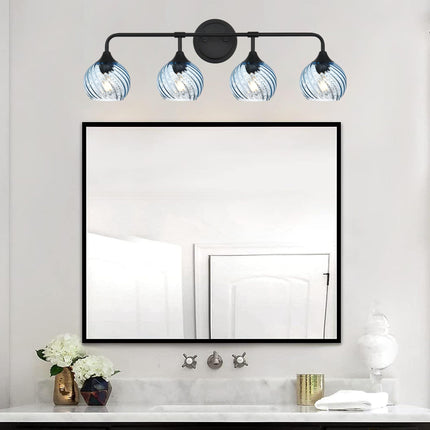 MELUCEE Bathroom Light Fixtures Black Vanity Light with Blue Striped Swirl Glass Shade, 4 Light Modern Wall Light Fixtures for Mirror Kitchen Living Room Bedroom Hallway