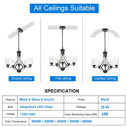 MELUCEE 5 Lights LED Modern Chandeliers for Dining Room Traditional Kitchen Chandelier Bubble Crystal Black Led Pendant Light with Clear Glass Shade, Built-in LED Chips, 5CCT Adjustable