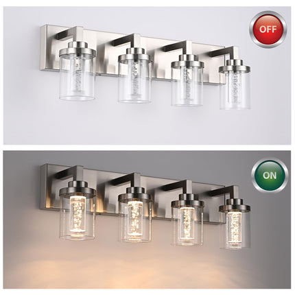 MELUCEE 4-Light Bathroom Lighting Fixtures Brushed Nickel, Dimmable LED Vanity Light for Bathroom 5CCT Bubble Crystal Bath Wall Lights with Clear Glass Shade, Built-in Led Chips