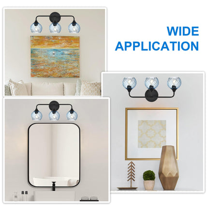 MELUCEE 25 Inch Bathroom Light Fixtures Black, 3-Light Vanity Lights with Blue Striped Swirl Glass Shade, Mid-Century Modern Bathroom Vanity Light Over Mirror