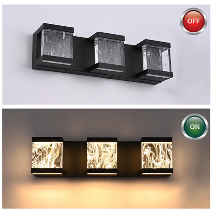MELUCEE Modern LED Bathroom Lights Over Mirror 15W 3 Lights LED Vanity Light Bar with Unique Smoke Acrylic Panel Black Bathroom Wall Light Fixtures for Bath Powder Room, 3000K Warm Lighting