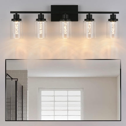 MELUCEE LED Bathroom Vanity Light 5-Light Dimmable Bathroom Light Bar 5CCT Modern Black Vanity Lighting Fixtures with Crystal Bubble Clear Glass Shade, Built-in LED Chips