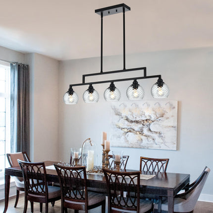 MELUCEE 5 Light Kitchen Pendant Lighting Over Island with Clear Striped Swirl Globe Glass, Linear Island Lighting Fixtures Hanging Balck Chandelier for Dining Room Kitchen Living Room
