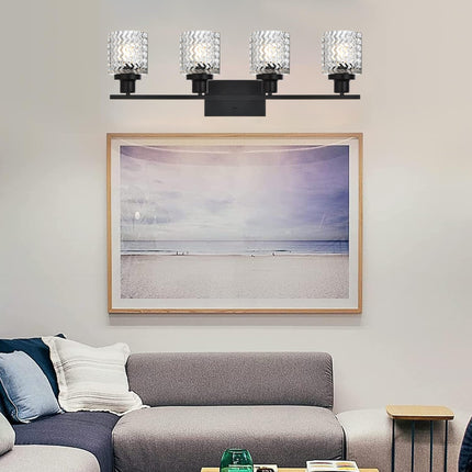MELUCEE Matte Black Vanity Light 4 Lights Modern Bathroom Light Fixtures with Hammered Glass Shade, Indoor Metal Wall Lights for Powder Room Hallway Kitchen, E26 Base