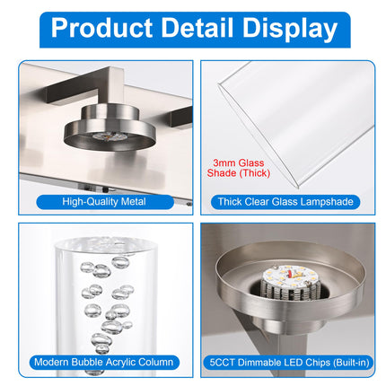 MELUCEE 6-Light LED Bathroom Light Fixtures, Modern Brushed Nickel Bubble Crystal Vanity Lights with Clear Glass Shade, Dimmable 5CCT Wall Sconce Lamp for Bathroom Restroom, Built-in Led Chips