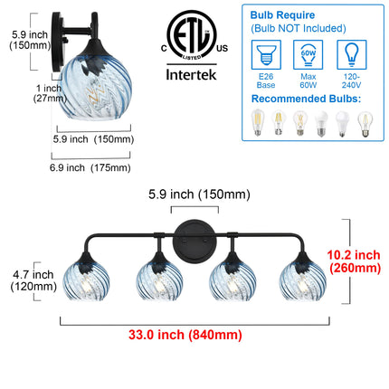 MELUCEE Bathroom Light Fixtures Black Vanity Light with Blue Striped Swirl Glass Shade, 4 Light Modern Wall Light Fixtures for Mirror Kitchen Living Room Bedroom Hallway