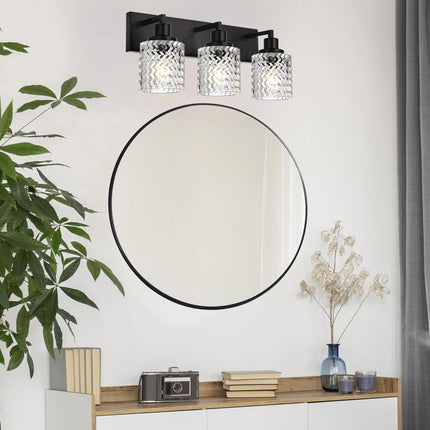 MELUCEE 3-Light Bathroom Vanity Light Black Finish, Farmhouse Wall Mount Light Fixture with Hammered Glass Shade Metal Wall Sconce Above Mirror Sink Cabinet Dressing Table
