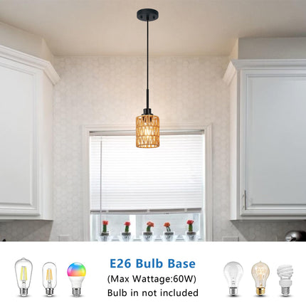 MELUCEE 2 Pack Rattan Hanging Light Fixture Boho Pendant Light Black Adjustable Dining Table Light Fixture with Rattan Lamp Shade, Set of Two Mini Pendant Lighting for Kitchen Island Hallway Stair