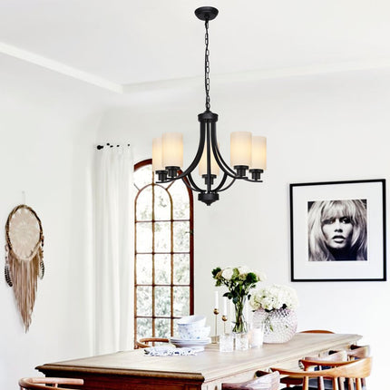 MELUCEE 5 Lights Chandeliers for Dining Room Traditional Chandelier Classic Black Pendant Light with Milky White Glass Shade, Mid Century Modern Chandelier for Kitchen Foyer Bedroom