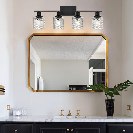 MELUCEE Matte Black Vanity Light 4 Lights Modern Bathroom Light Fixtures with Hammered Glass Shade, Indoor Metal Wall Lights for Powder Room Hallway Kitchen, E26 Base