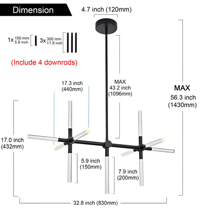 MELUCEE 32.8" LED Linear Pendant Light Black 11-Light Bubble Crystal Dimmable LED Chandeliers for Dinning Room 26W 3000K Warm Lighting Island Lights for Kitchen Island Dining Table Bar