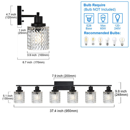 MELUCEE 6 Lights Bathroom Lighting Fixtures Over Mirror Black with Hammered Glass Shade, Vanity Light Indoor Wall Mounted Lamp for Bathroom Bedroom Kitchen