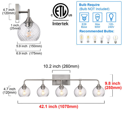 MELUCEE 5-Light Bathroom Lights Over Mirror in Brushed Nickel Finish, Modern Vanity Lights with Clear Striped Swirl Glass Shade Indoor Metal Wall Light Fixtures for Kitchen Powder Room Foyer