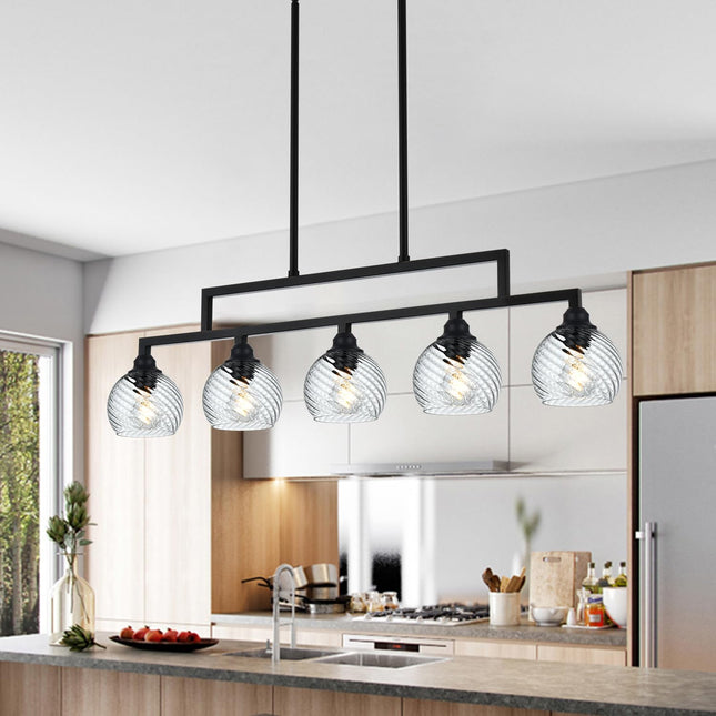 MELUCEE 5 Light Kitchen Pendant Lighting Over Island with Clear Striped Swirl Globe Glass, Linear Island Lighting Fixtures Hanging Balck Chandelier for Dining Room Kitchen Living Room