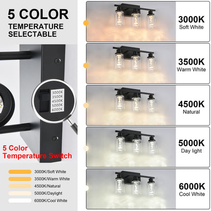 MELUCEE Bathroom Vanity Light Fixtures, 3-Light LED Bathroom Lighting Fixtures Over Mirror, 3000K-6000K Modern Black Vanity Light for Bathroom with Crystal Bubble Glass Shade, Built-in LED Chips