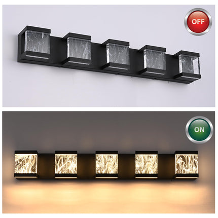 MELUCEE LED Bathroom Lighting Fixtures Over Mirror 5 Lights Black LED Vanity Lighting with Unique Smoke Acrylic Panel Modern Led Bathroom Light Bar, 25W 3000K Warm Lighting