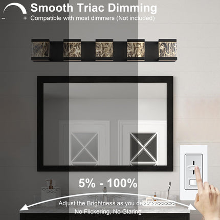 MELUCEE LED Bathroom Lighting Fixtures Over Mirror 5 Lights Black LED Vanity Lighting with Unique Smoke Acrylic Panel Modern Led Bathroom Light Bar, 25W 3000K Warm Lighting