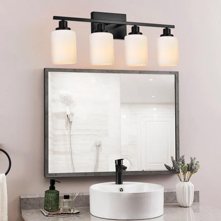 MELUCEE Bathroom Vanity Light Matte Black with Milky White Glass Shade, Modern 4-Light Bathroom Wall Lights Over Mirror Wall Mount Lamp for Dressing Room Living Room Hallway