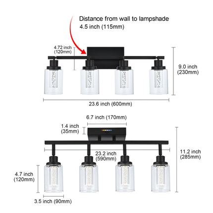 MELUCEE LED Track Lighting Fixtures Ceiling 4-Light Black Semi Flush Mount Ceiling Light Bathroom Wall Light with Flexibly Rotatable Light Heads, Built-in LED Chips, 5-Color Temperature Adjustable