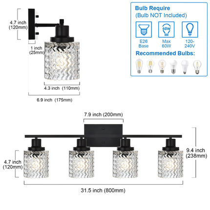 MELUCEE Matte Black Vanity Light 4 Lights Modern Bathroom Light Fixtures with Hammered Glass Shade, Indoor Metal Wall Lights for Powder Room Hallway Kitchen, E26 Base