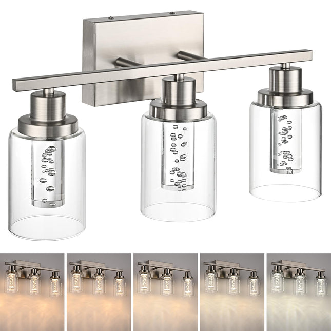 MELUCEE 3 Light LED Bathroom Light Fixtures 3000K-6000K Dimmable Vanity Lights Bathroom Lights Over Mirror Brushed Nickel Wall Light Fixture with Crystal Bubble Clear Glass Shade, Built-in LED Chips