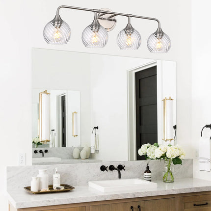 MELUCEE Bathroom Vanity Light Brushed Nickel 4 Lights with Clear Striped Swirl Glass Shade, 33" Vanity Lighting Fixtures Over Mirror Modern Bathroom Wall Lights for Powder Room Kitchen Foyer