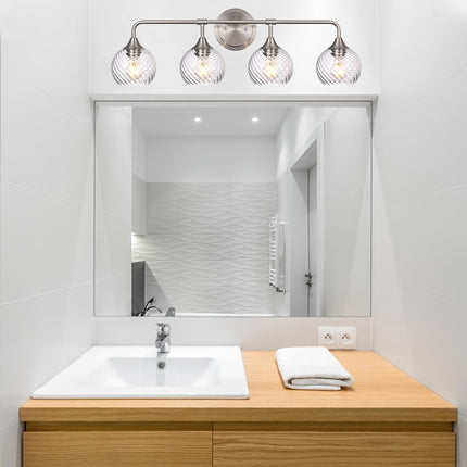 MELUCEE Bathroom Vanity Light Brushed Nickel 4 Lights with Clear Striped Swirl Glass Shade, 33" Vanity Lighting Fixtures Over Mirror Modern Bathroom Wall Lights for Powder Room Kitchen Foyer