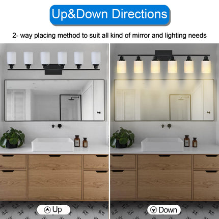 MELUCEE Matte Black Vanity Lights for Bathroom, 6 Lights Bathroom Light Fixtures Over The Mirror Light with Milky White Glass Shade Wall Mount Lamp for Dressing Room Living Room Hallway