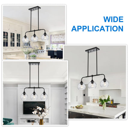 MELUCEE Dining Room Chandeliers with Clear Striped Swirl Glass Shade, 3 Light Black Kitchen Island Lighting Fixtures Ceiling Linear Pendant Light for Kitchen Dining Room Bar, Height Adjustable