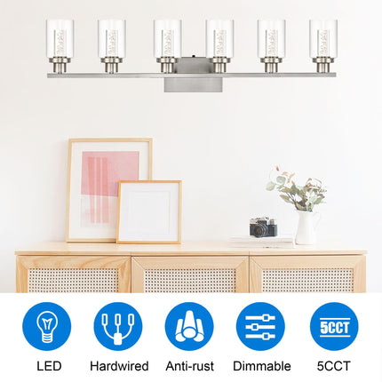 MELUCEE 6-Light LED Bathroom Vanity Light, Modern Brushed Nickel Bathroom Light Bar with Crystal Bubble Clear Glass Shade, Dimmable Bathroom Wall Sconce Lamp 3000K-6000K, Built-in LED Chips