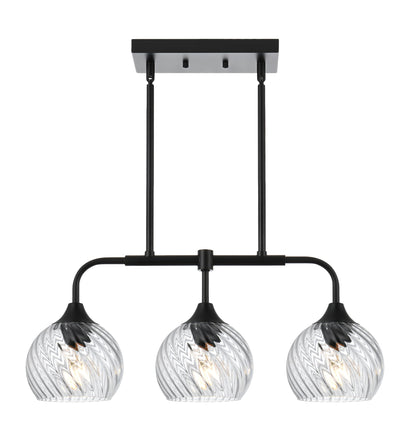 MELUCEE Dining Room Chandeliers with Clear Striped Swirl Glass Shade, 3 Light Black Kitchen Island Lighting Fixtures Ceiling Linear Pendant Light for Kitchen Dining Room Bar, Height Adjustable